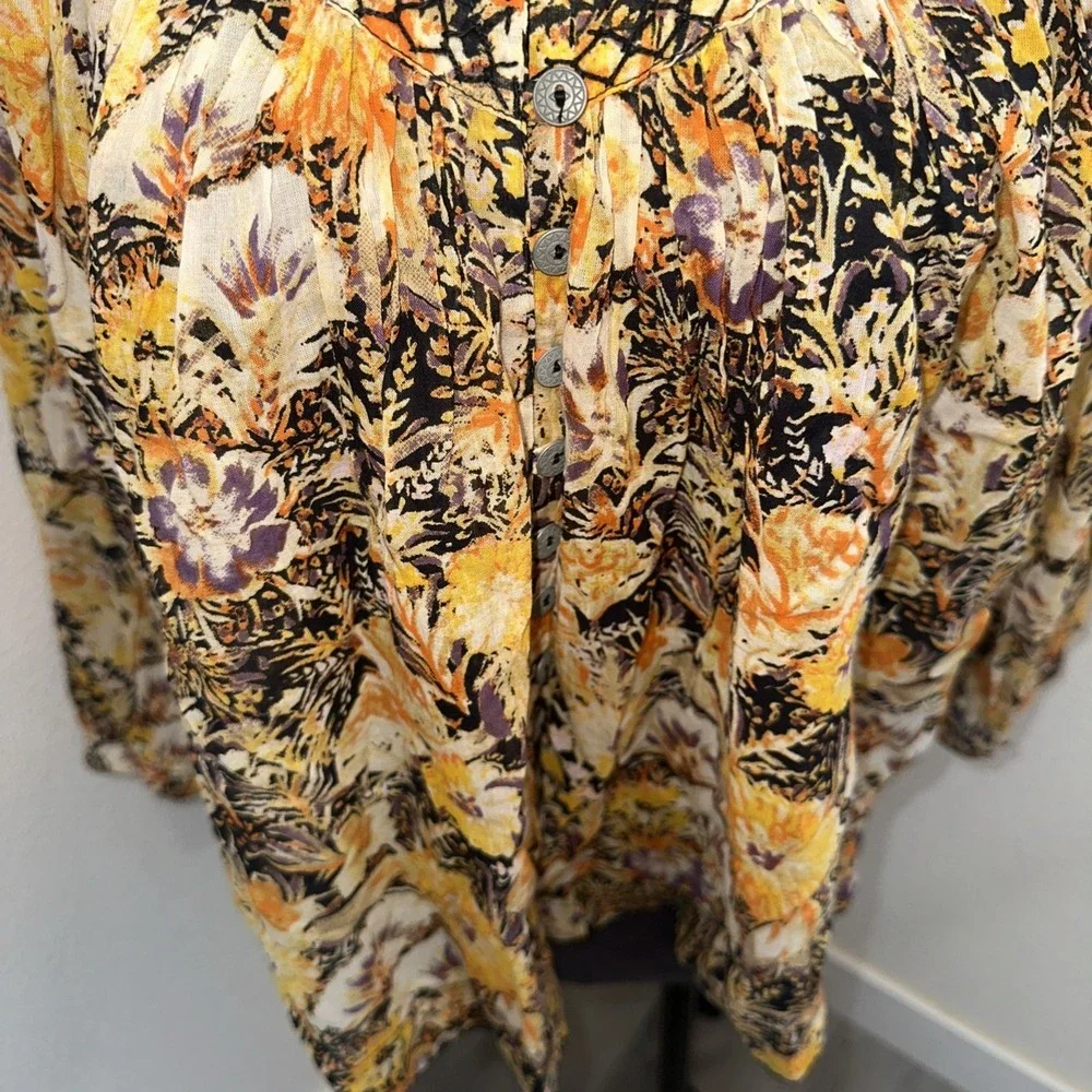 Free‎ People NWT Cool Meadow Top Buttondown Print Ruched Scoop Neck Blouse XS